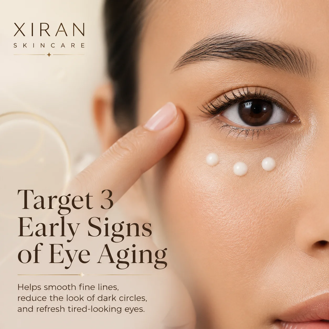 Close-up of a woman's face showing under-eye cream dots being applied to smooth wrinkles, reduce dark circles, and refresh the skin.